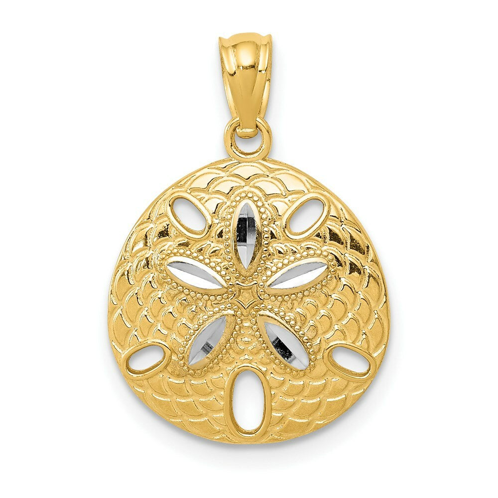 14K Two-tone Gold with Rhodium Diamond-cut Polished Sand Dollar Pendant
