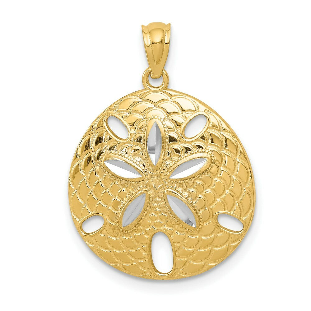 14K Two-tone Gold with Rhodium Diamond-cut Polished Sand Dollar Pendant
