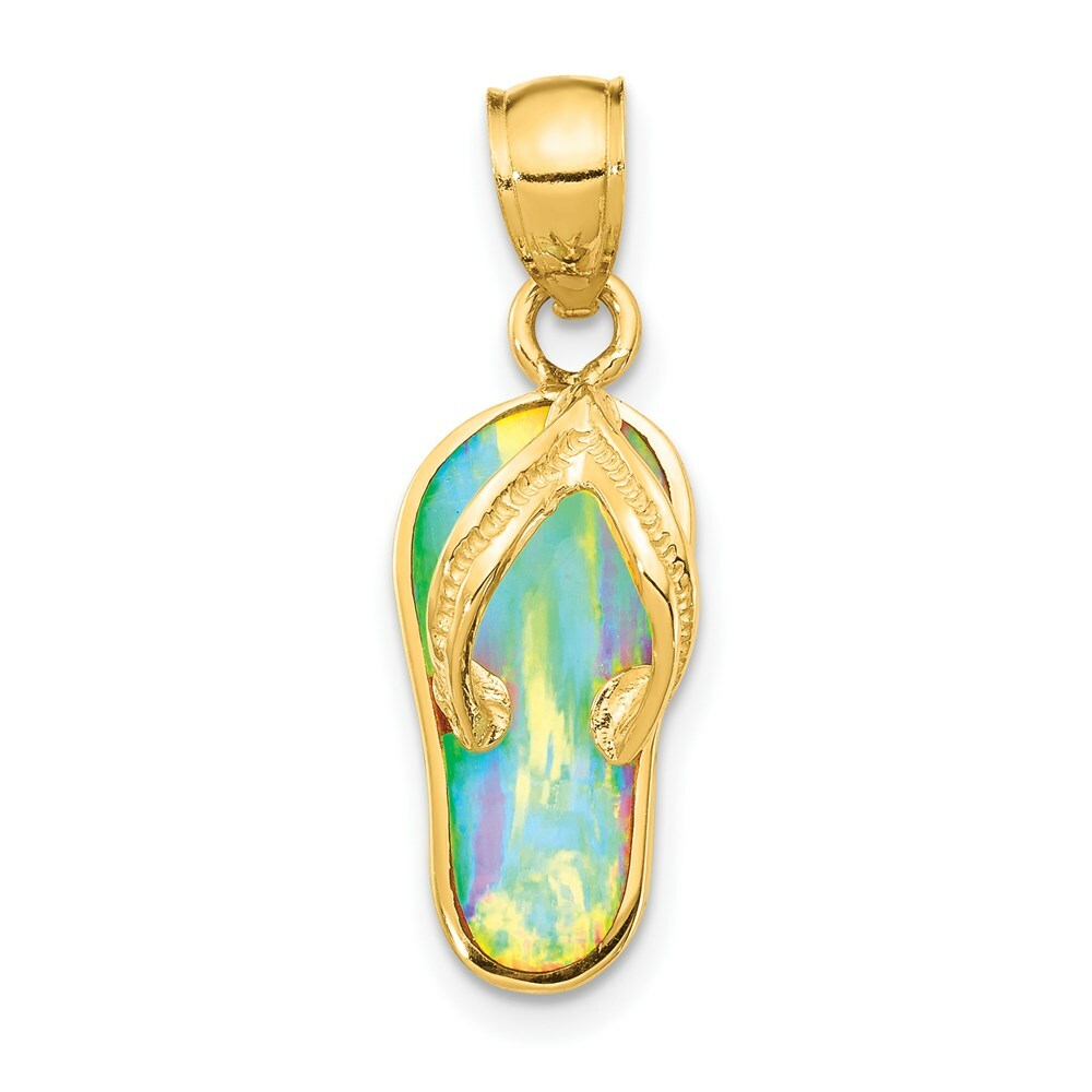 14k Yellow Gold Polished w/Created White Opal Flip Flop Pendant