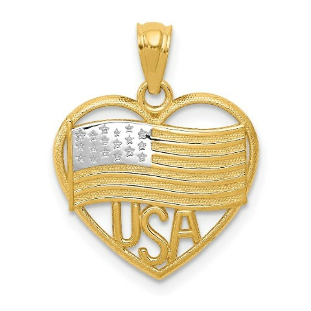 14K Two-tone Gold with Rhodium Polished American Flag & USA in Heart Pendant
