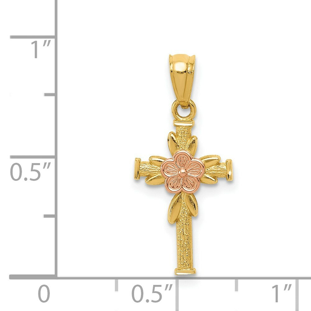 14k Yellow & Rose Gold Polished Diamond-cut Cross Flower Pendant