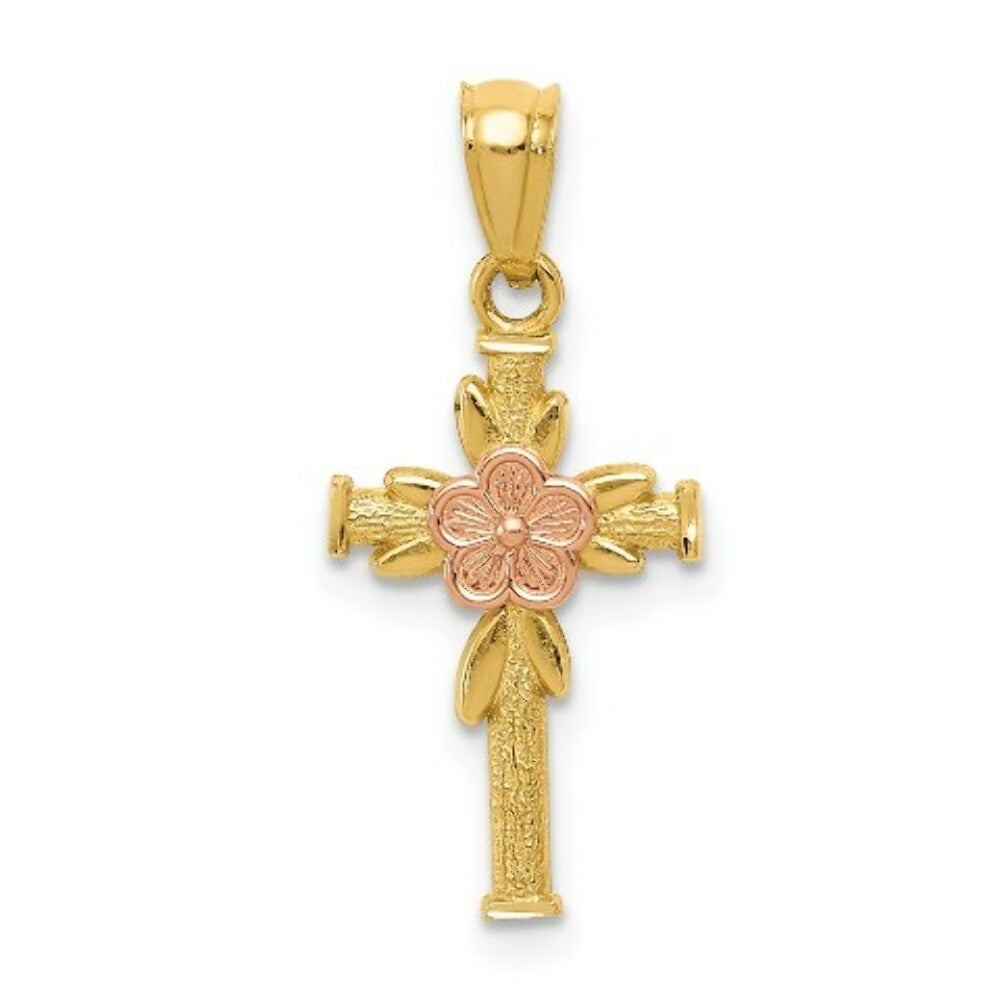 14k Yellow & Rose Gold Polished Diamond-cut Cross Flower Pendant