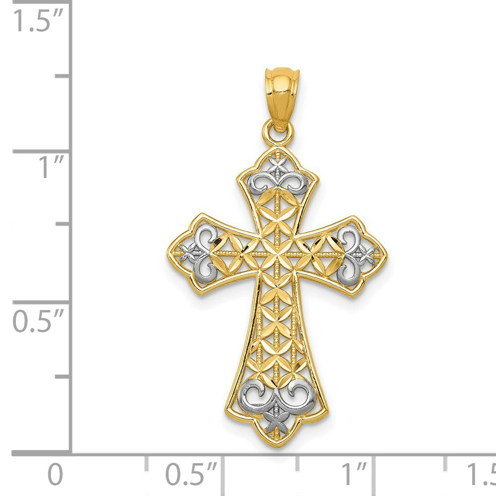 14K Two-tone Gold with Rhodium Polished Diamond-cut Filigree Cross Pendant