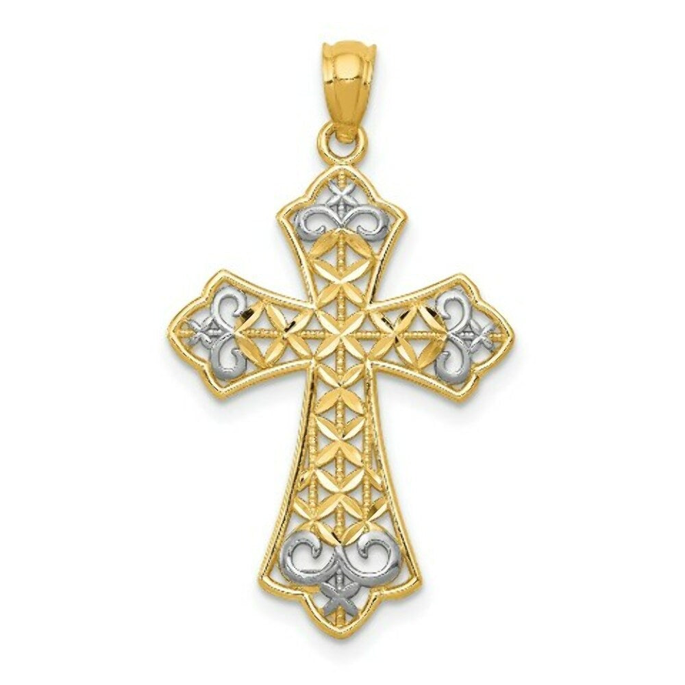 14K Two-tone Gold with Rhodium Polished Diamond-cut Filigree Cross Pendant