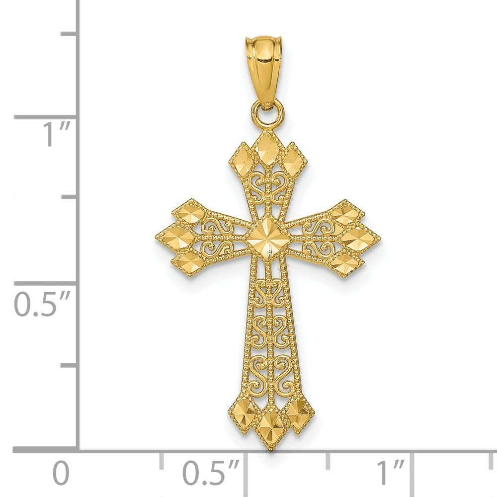 14K Yellow Gold Diamond-cut Polished Filigree Cross Pendant
