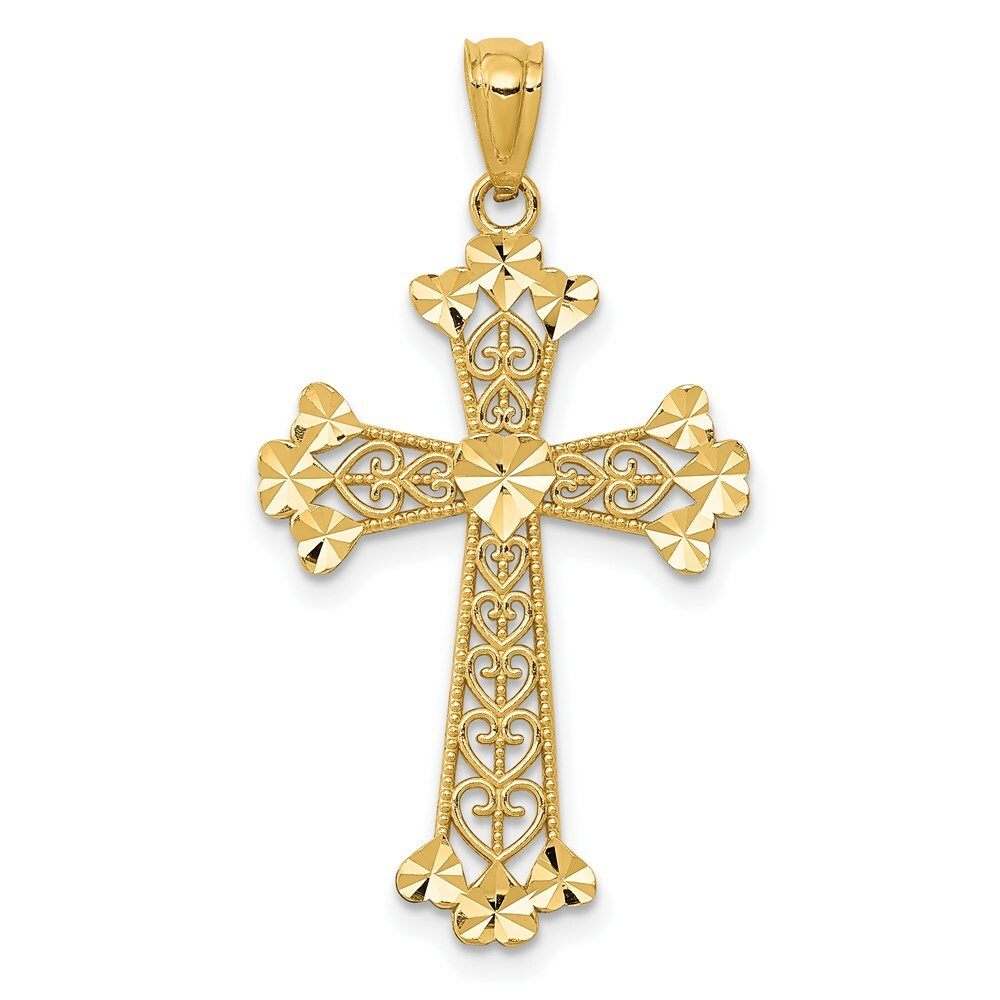 14K Yellow Gold Diamond-cut Polished Filigree Hearts Cross Pendant