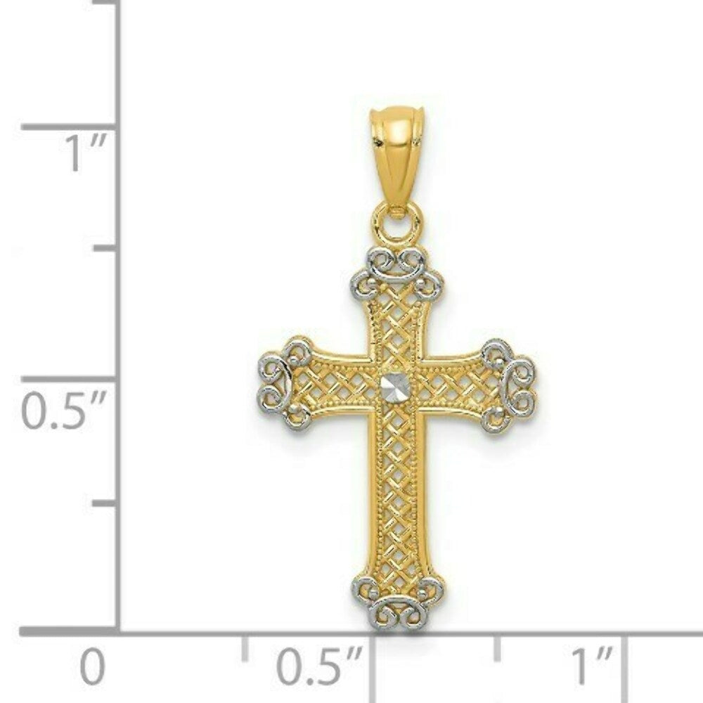 14K Two-tone Gold with Rhodium Diamond-cut Filigree Cross Pendant