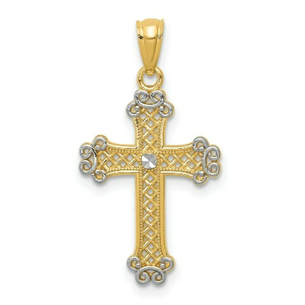 14K Two-tone Gold with Rhodium Diamond-cut Filigree Cross Pendant