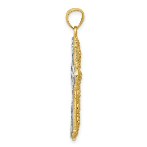14k Two-tone Gold Rhodium Reversible Diamond-cut Filigree Cross Pendant
