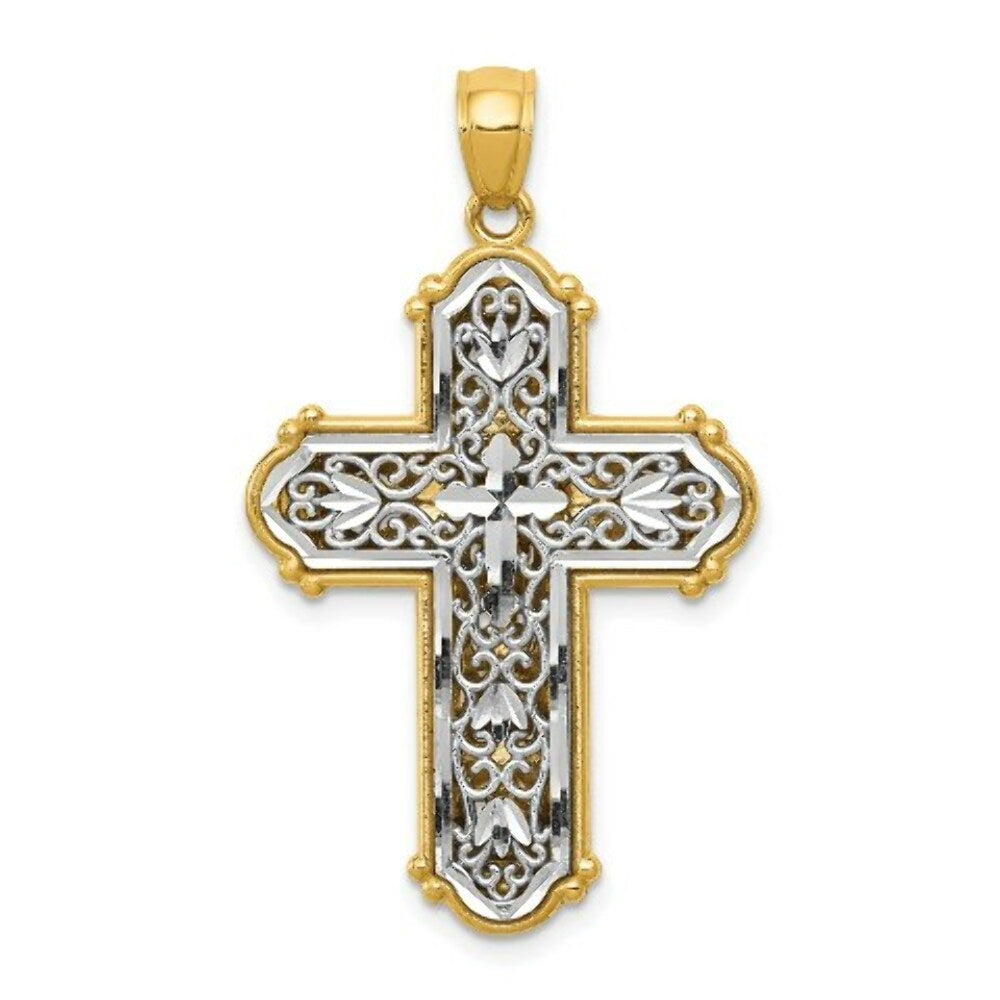 14k Two-tone Gold Rhodium Reversible Diamond-cut Filigree Cross Pendant