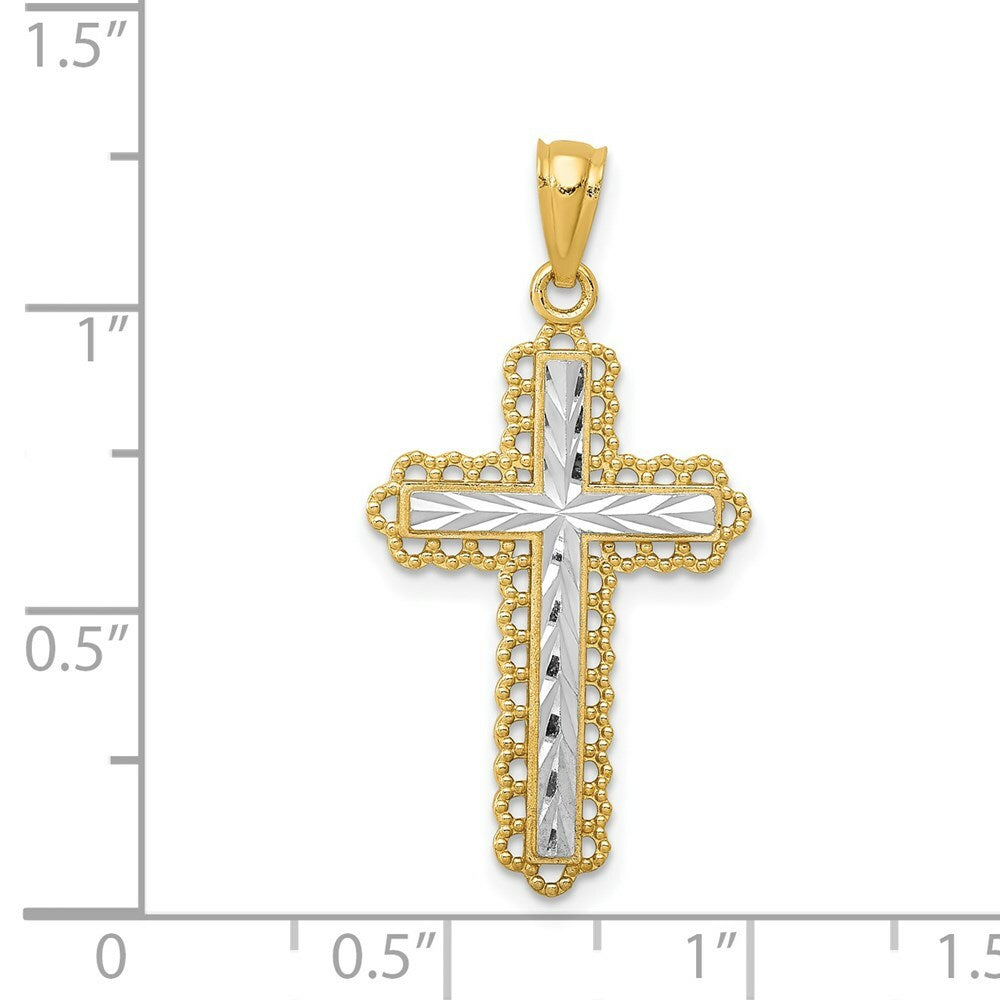 14K Two-tone Gold with Rhodium Diamond-cut Budded Cross Pendant