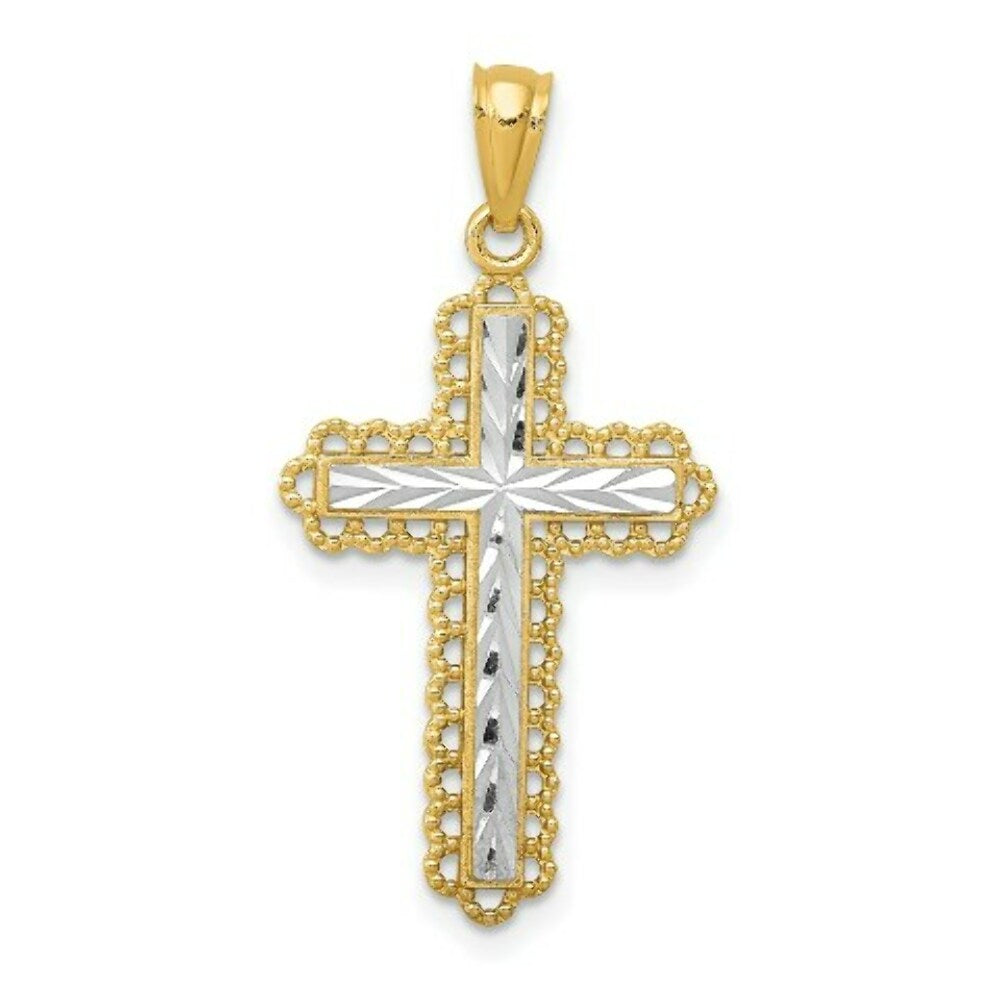 14K Two-tone Gold with Rhodium Diamond-cut Budded Cross Pendant