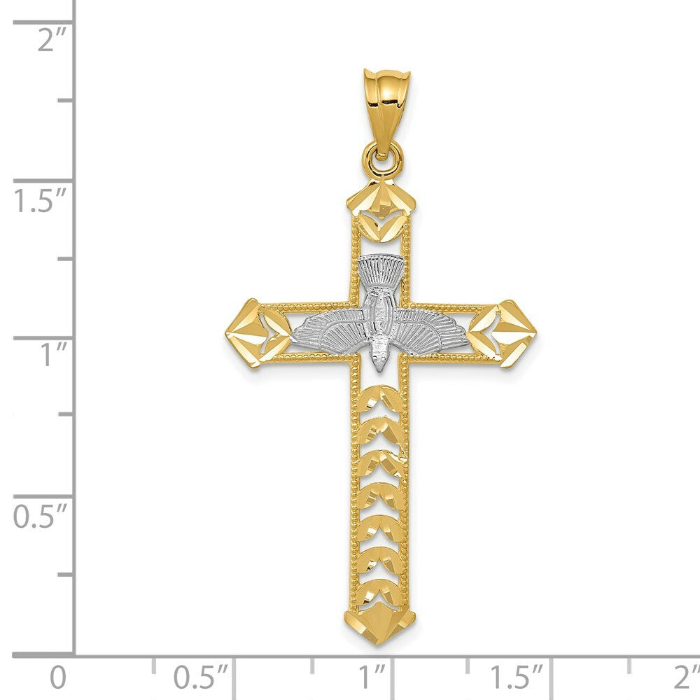 14K Two-tone Gold with Rhodium w/ Yellow Polished Diamond-cut Dove Cross Pendant