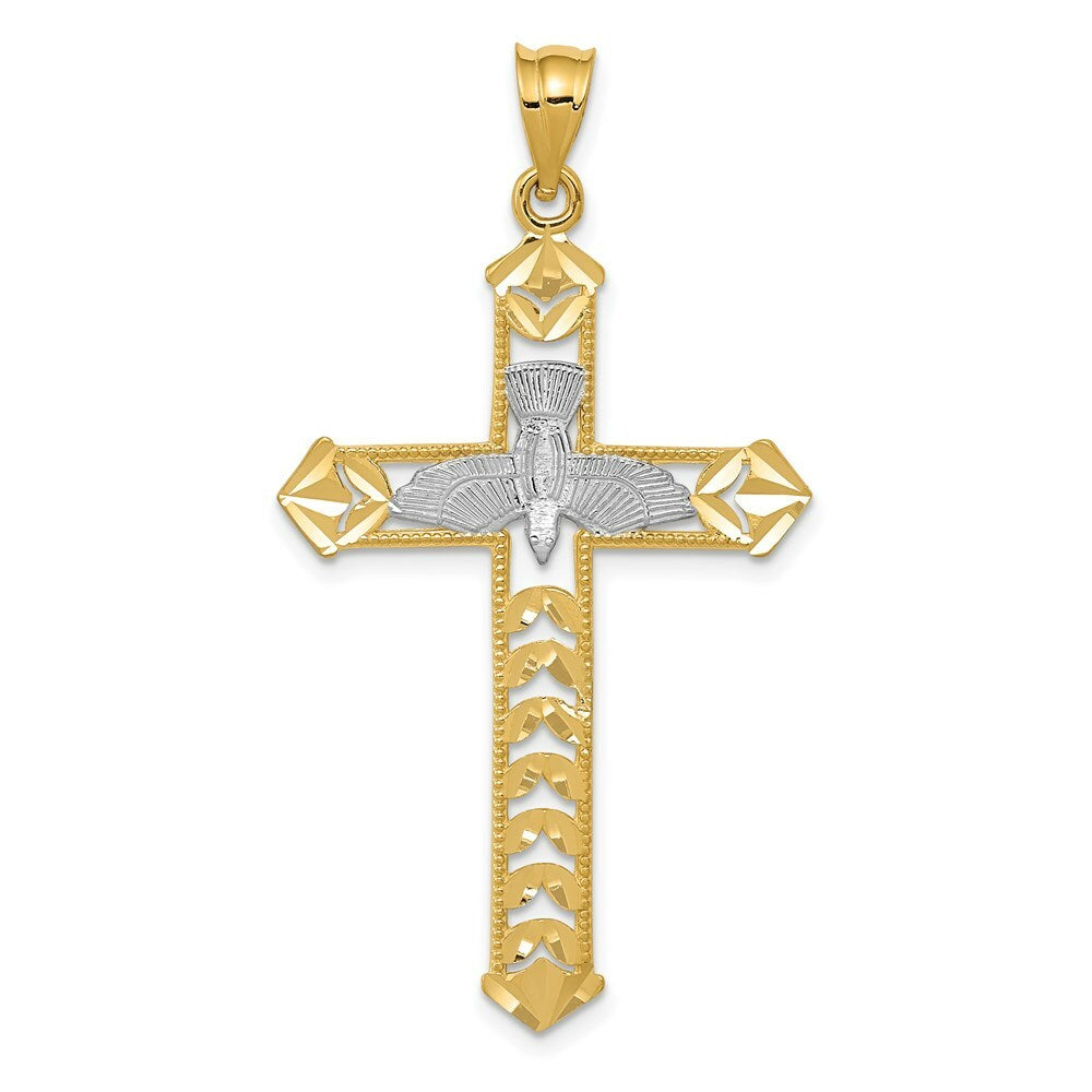 14K Two-tone Gold with Rhodium w/ Yellow Polished Diamond-cut Dove Cross Pendant