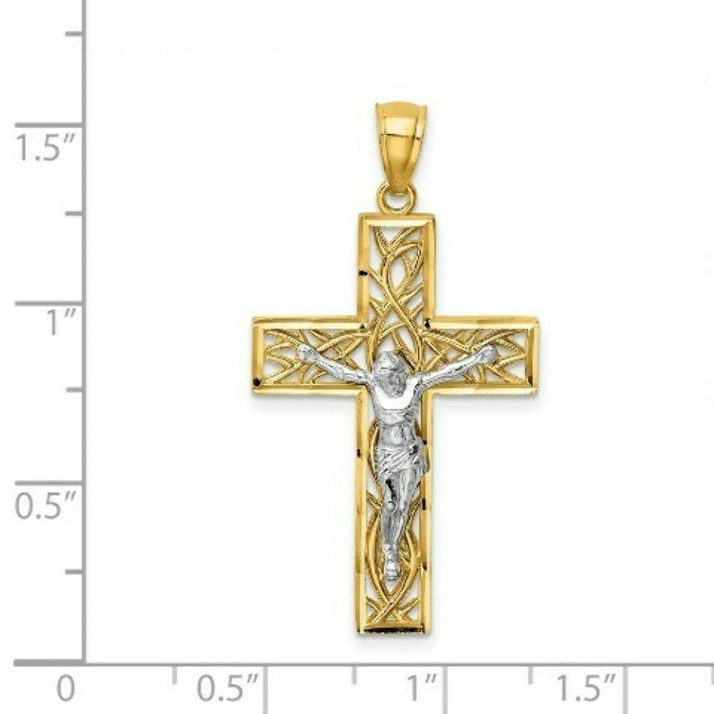14k Two Tone Gold Satin & Polished Diamond-cut 32mm Crucifix with Vines Pendant