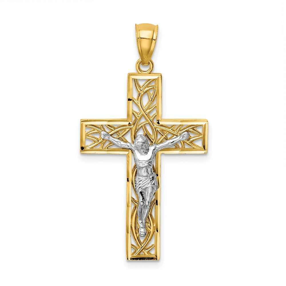14k Two Tone Gold Satin & Polished Diamond-cut 32mm Crucifix with Vines Pendant
