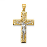 Load image into Gallery viewer, 14k Two Tone Gold Satin &amp; Polished Diamond-cut 32mm Crucifix with Vines Pendant

