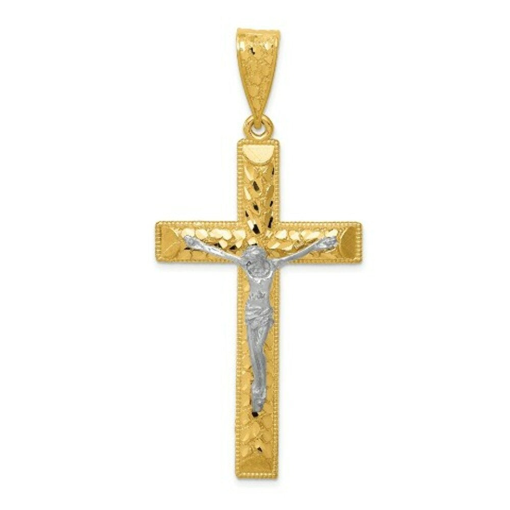 14k Two-tone Gold Diamond-cut 2 inch Crucifix Pendant