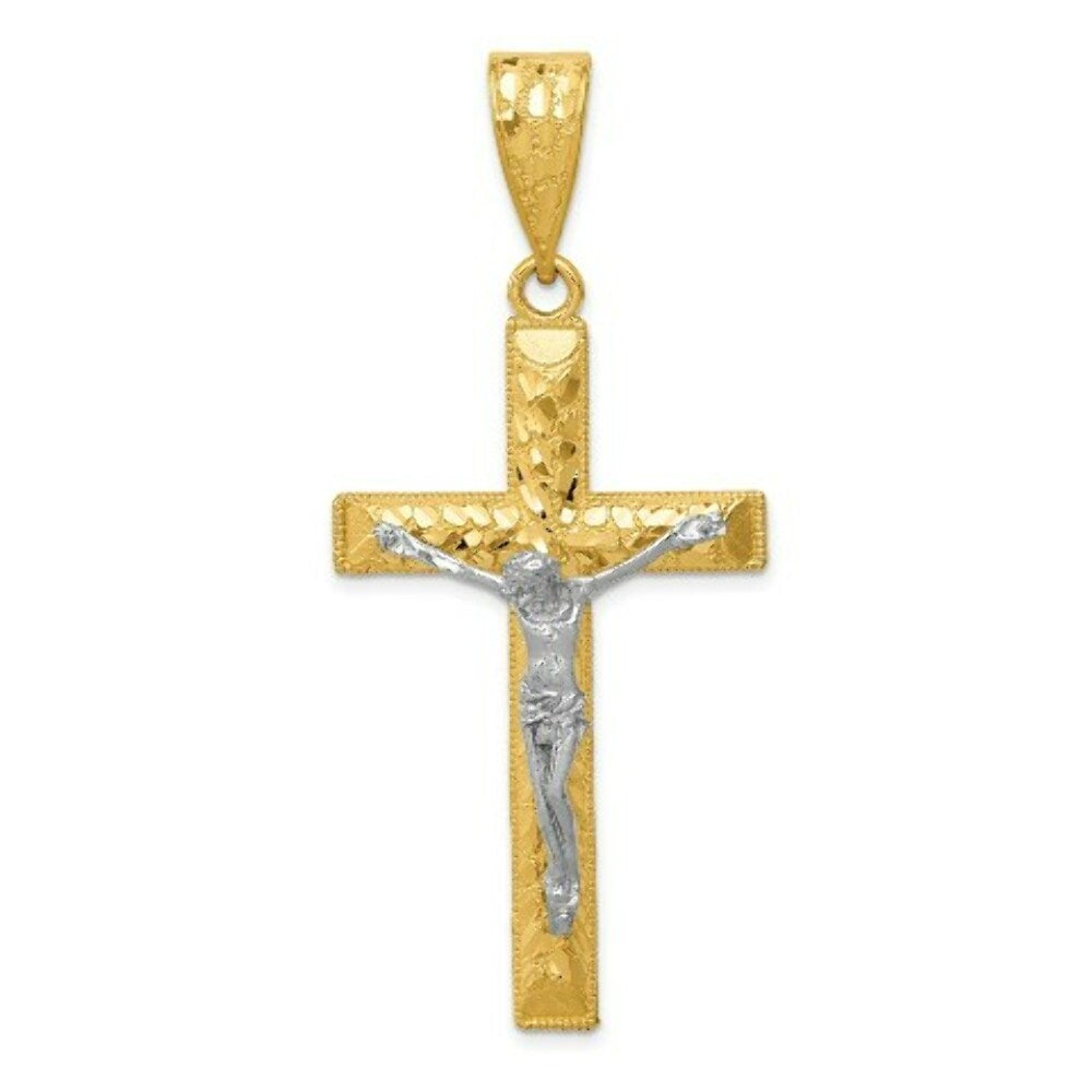 14k Two-tone Gold Diamond-cut 2 inch Crucifix Pendant