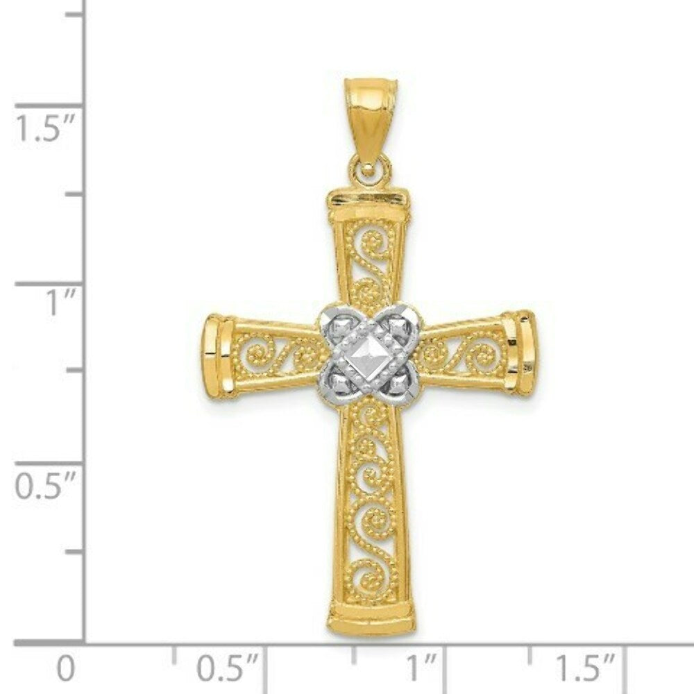 14K Two-tone Gold with Rhodium Diamond-cut Filigree Cross Pendant