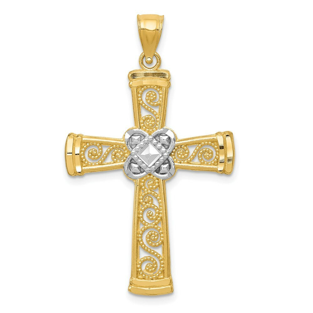 14K Two-tone Gold with Rhodium Diamond-cut Filigree Cross Pendant
