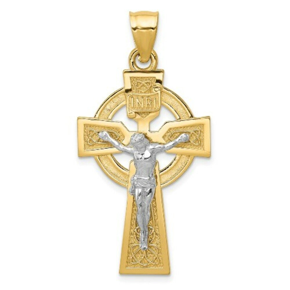14k Two-tone Gold Polished Celtic INRI Crucifix Pendant