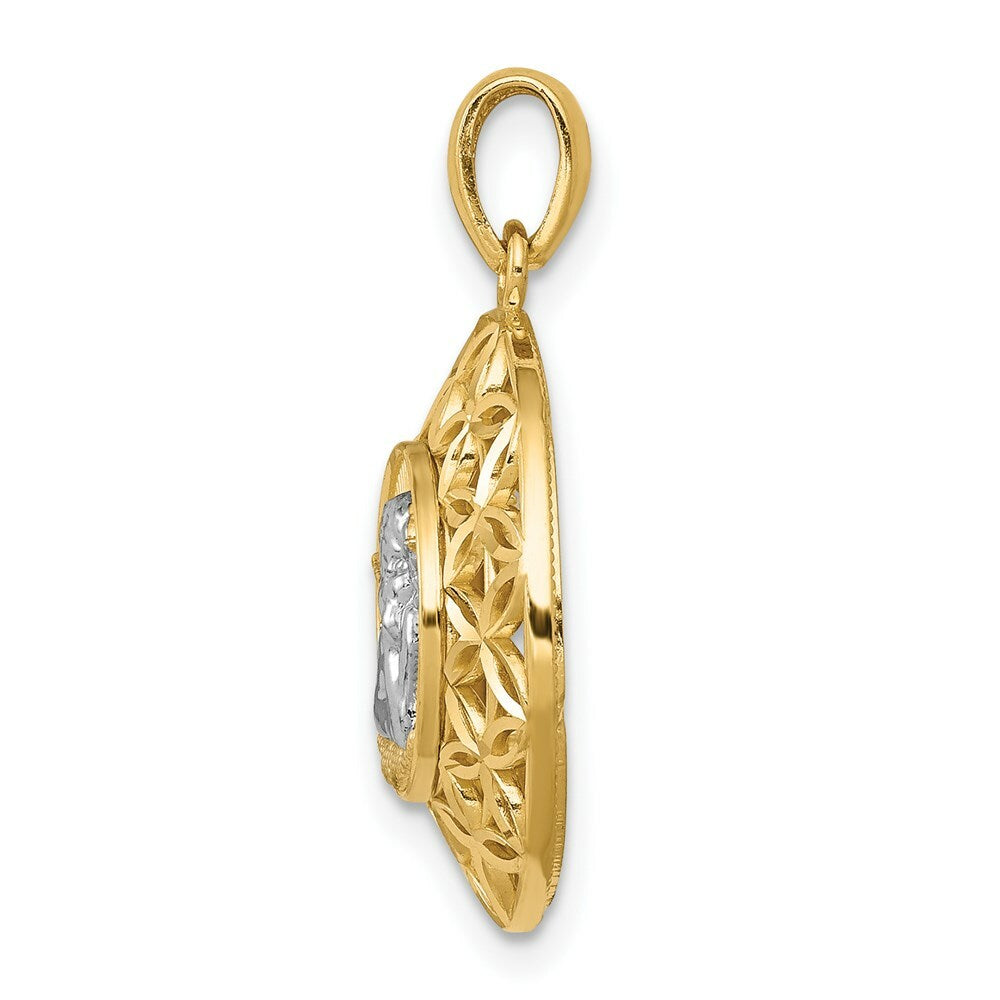 14k Yellow Gold Two-tone Polished Filigree Guardian Angel Round Pendant