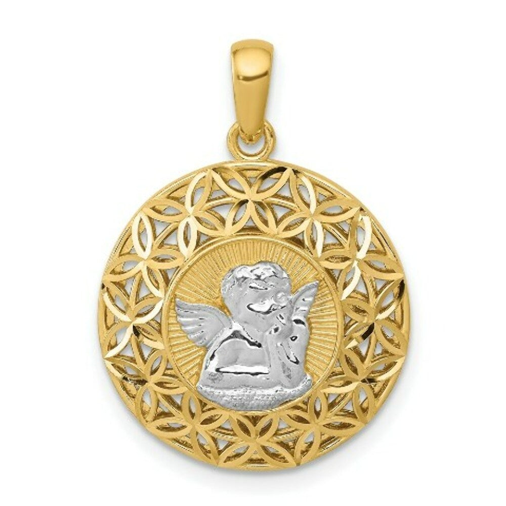 14k Yellow Gold Two-tone Polished Filigree Guardian Angel Round Pendant