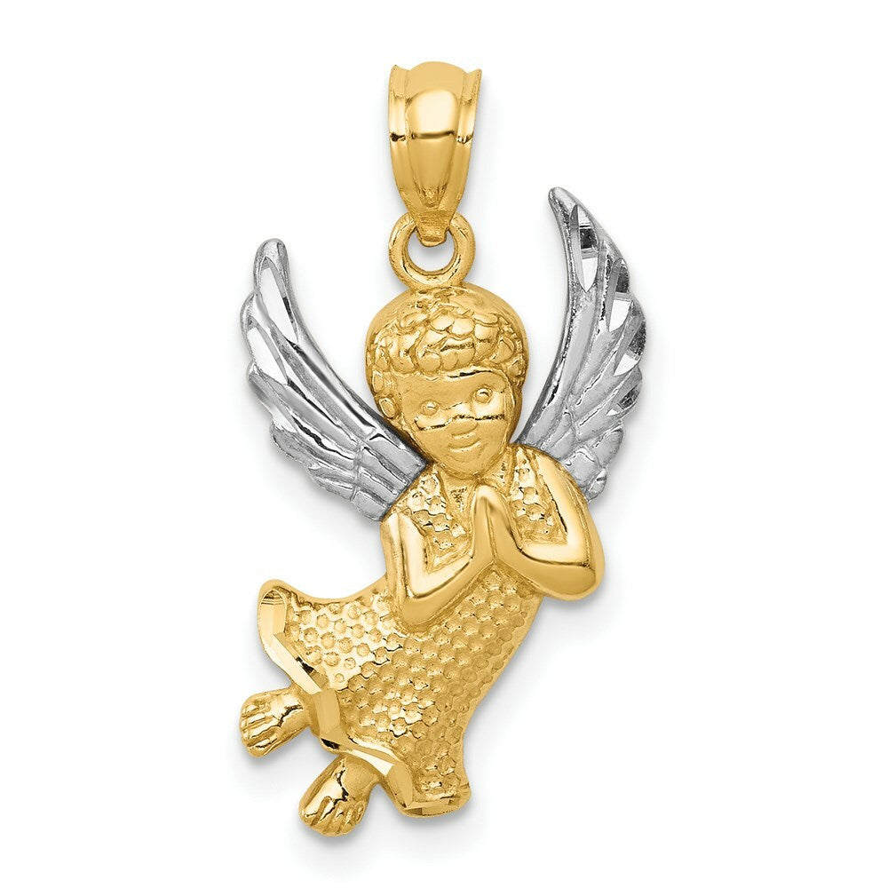 14K Two-tone Gold with Rhodium Diamond-cut Praying Angel Pendant