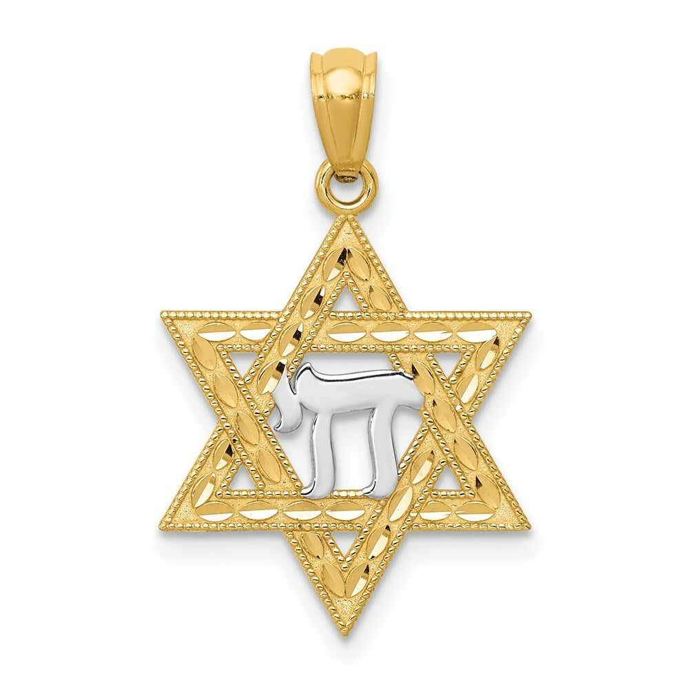 14K Two-tone Gold with Rhodium Star of David w/Chai Pendant