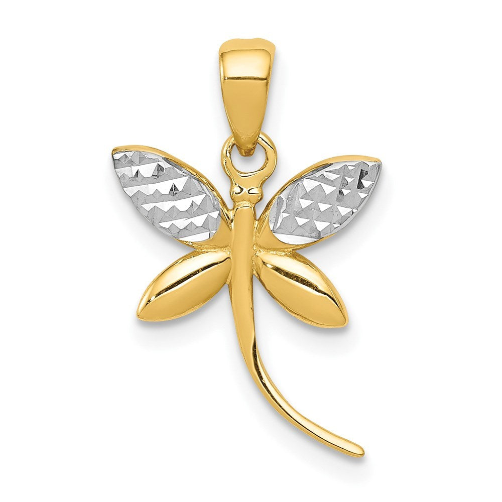 14K Two-tone Gold with Rhodium Diamond-cut and Polished Dragonfly Pendant