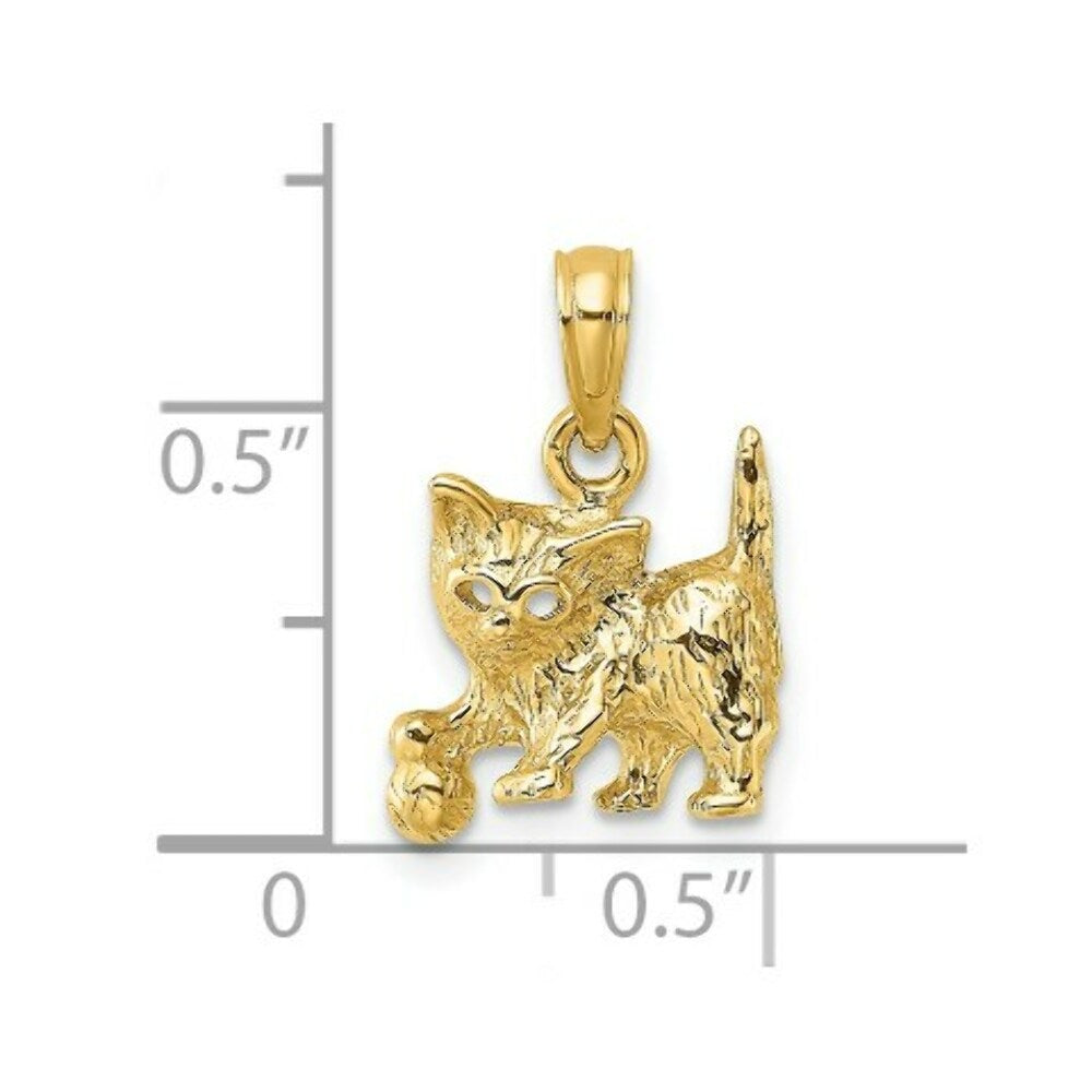 14K Yellow Gold 2-D Cat With Ball Charm Pendant
