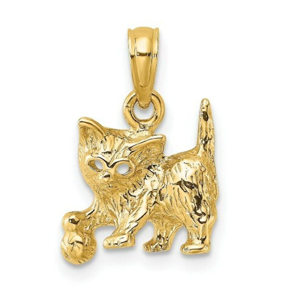 14K Yellow Gold 2-D Cat With Ball Charm Pendant