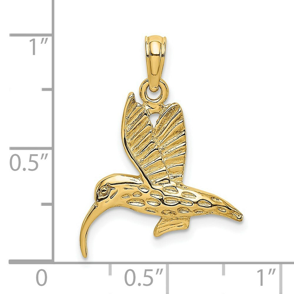 14K Yellow Gold 2-D & Textured Hummingbird Flying Charm Pendant