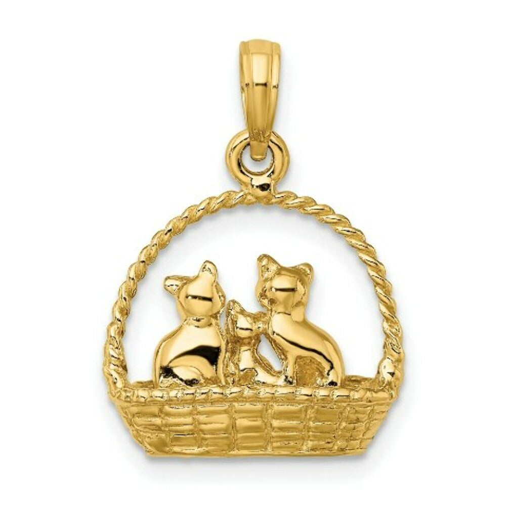 14K Yellow Gold 3-D Cats Inside Of Basket Charm Pendant