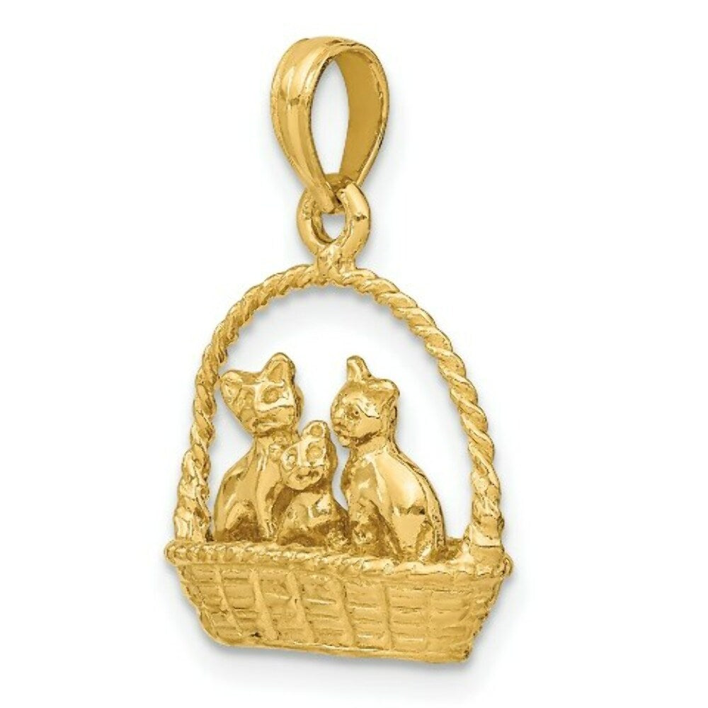 14K Yellow Gold 3-D Cats Inside Of Basket Charm Pendant