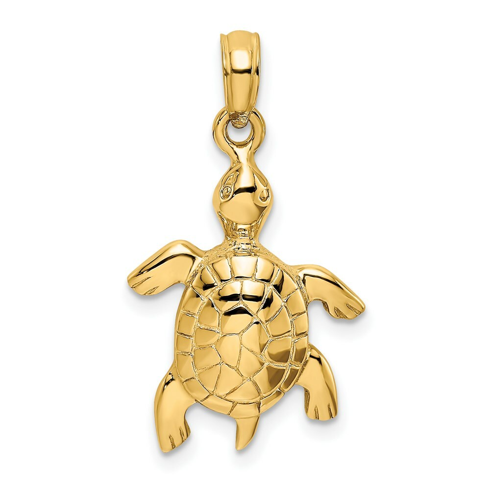 14K Yellow Gold 2-D & Polished Turtle With Textured Shell Charm Pendant