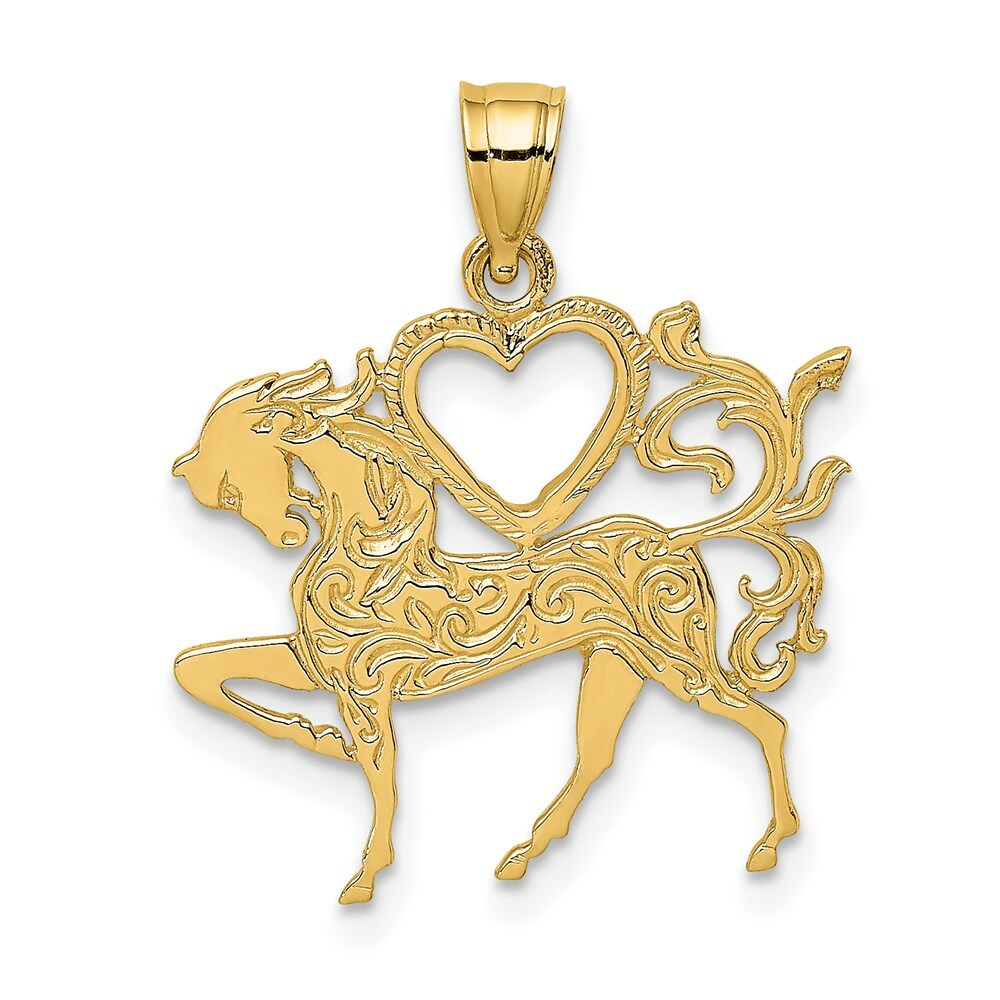 14K Yellow Gold Textured Heart & Horse Charm Pendant