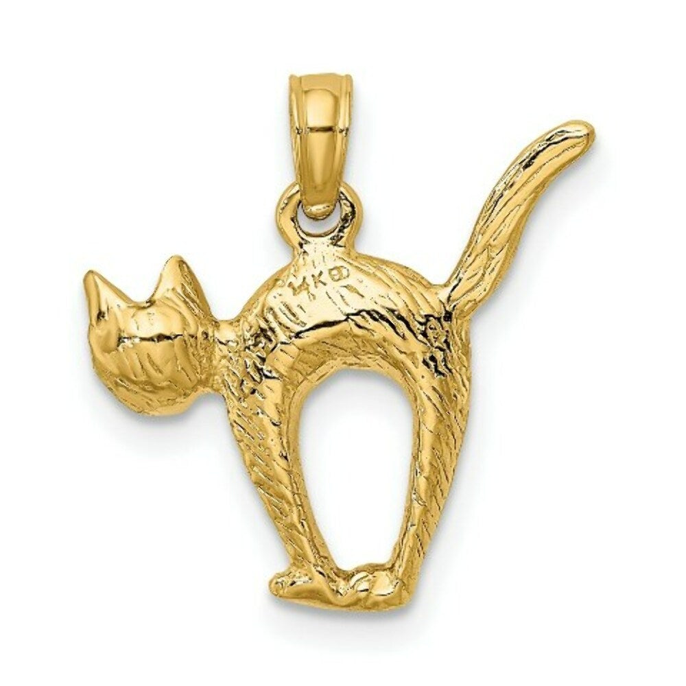 14K Yellow Gold 3-D Textured Arch Back & Raised Tail Cat Charm Pendant