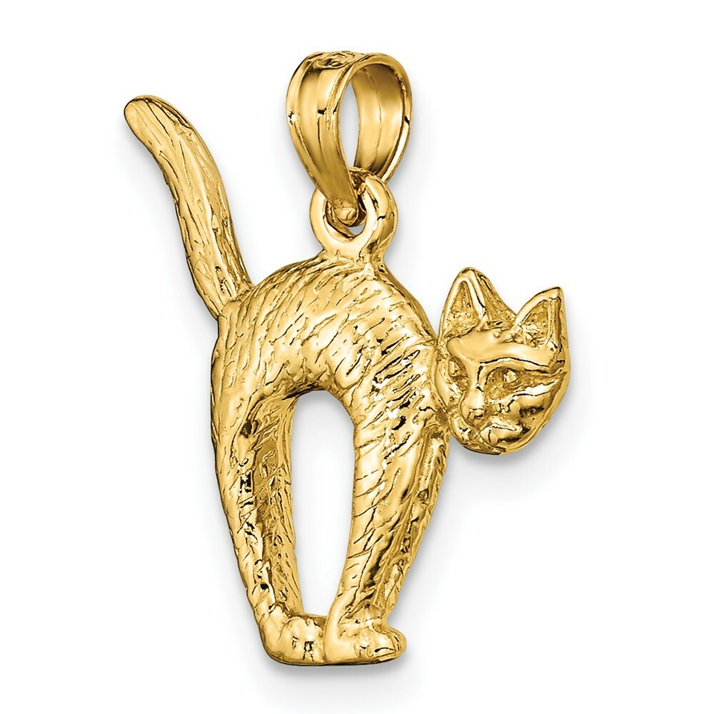 14K Yellow Gold 3-D Textured Arch Back & Raised Tail Cat Charm Pendant