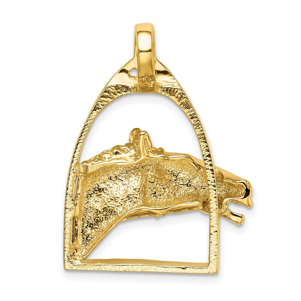 14K Yellow Gold 2-D & Polished Horse Head in Stirrup Charm Pendant
