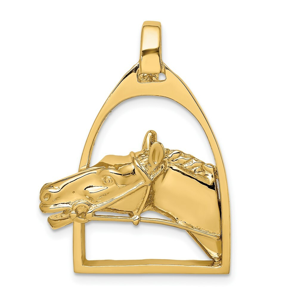 14K Yellow Gold 2-D & Polished Horse Head in Stirrup Charm Pendant