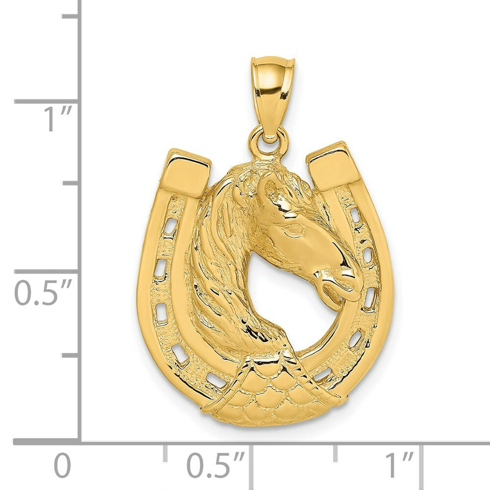14K Yellow Gold 2-D Polished and Engraved Horse Head In Shoe Charm Pendant