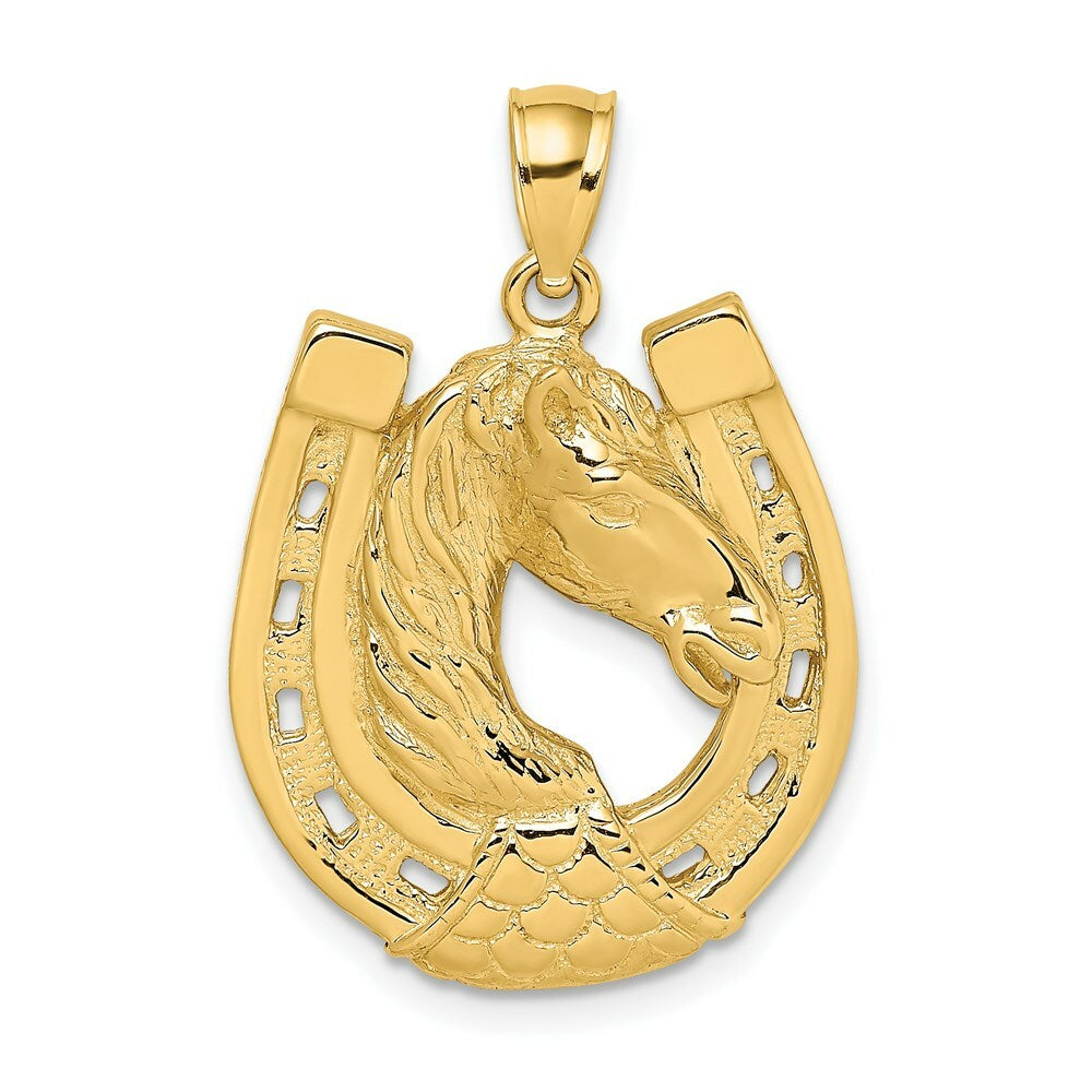 14K Yellow Gold 2-D Polished and Engraved Horse Head In Shoe Charm Pendant