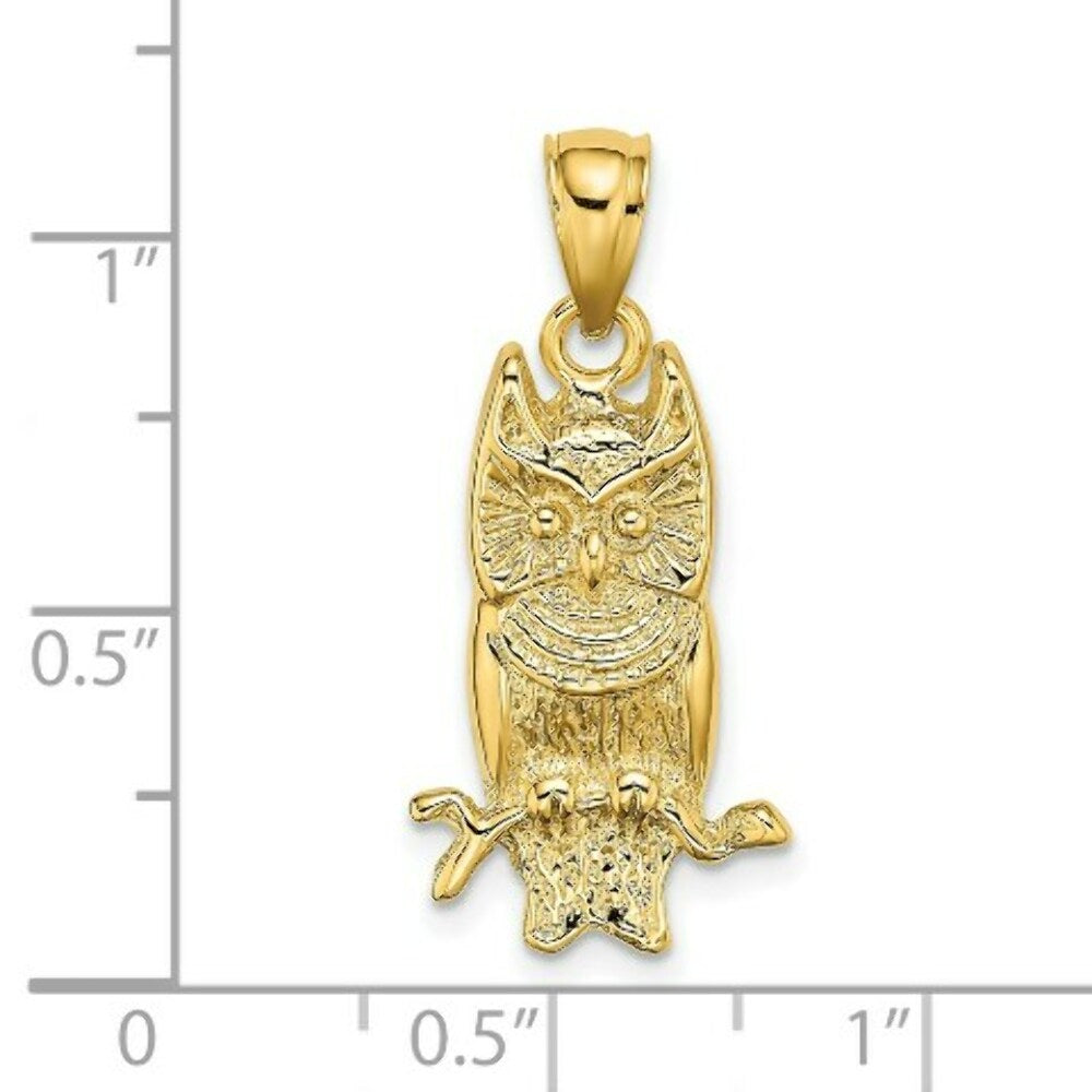 14K Yellow Gold 2-D Textured Owl Charm Pendant