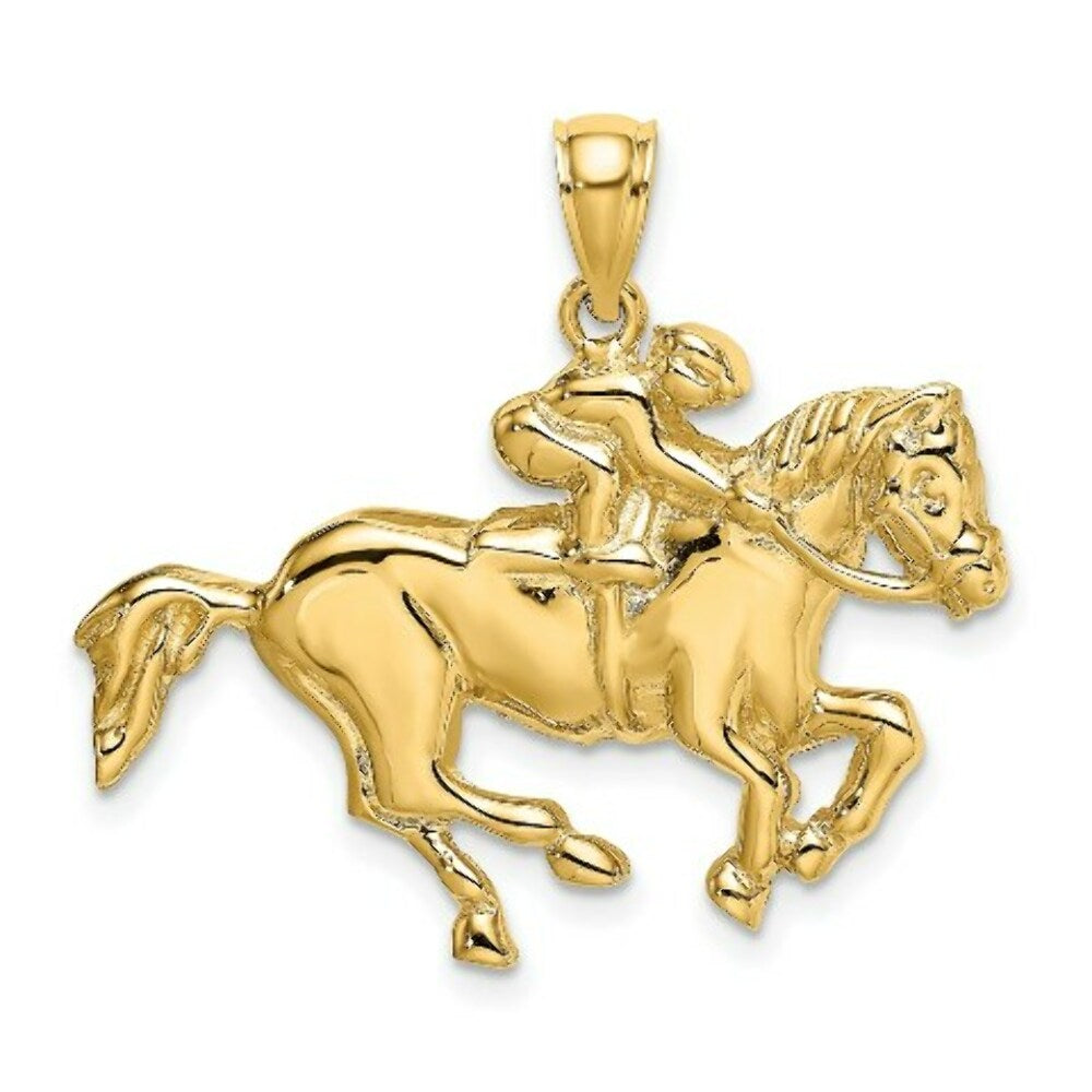 14K Yellow Gold 2-D JOCKEY ON Horse Charm Pendant