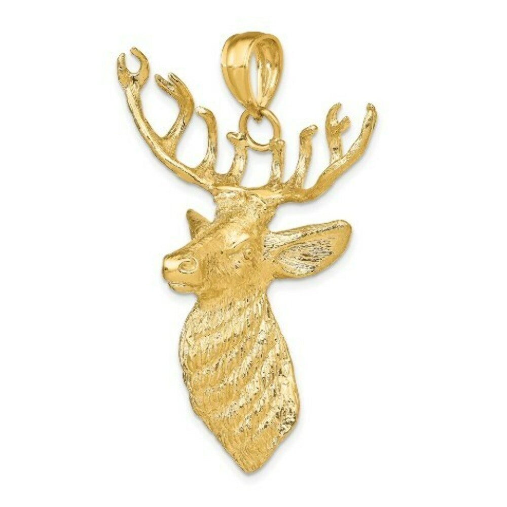 14K Yellow Gold 3-D Textured Deer Head Charm Pendant