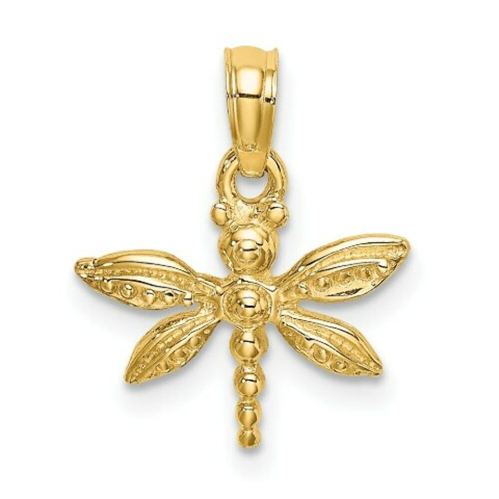 14K Yellow Gold 2-D Mini Dragonfly With Solid Wings Charm Pendant