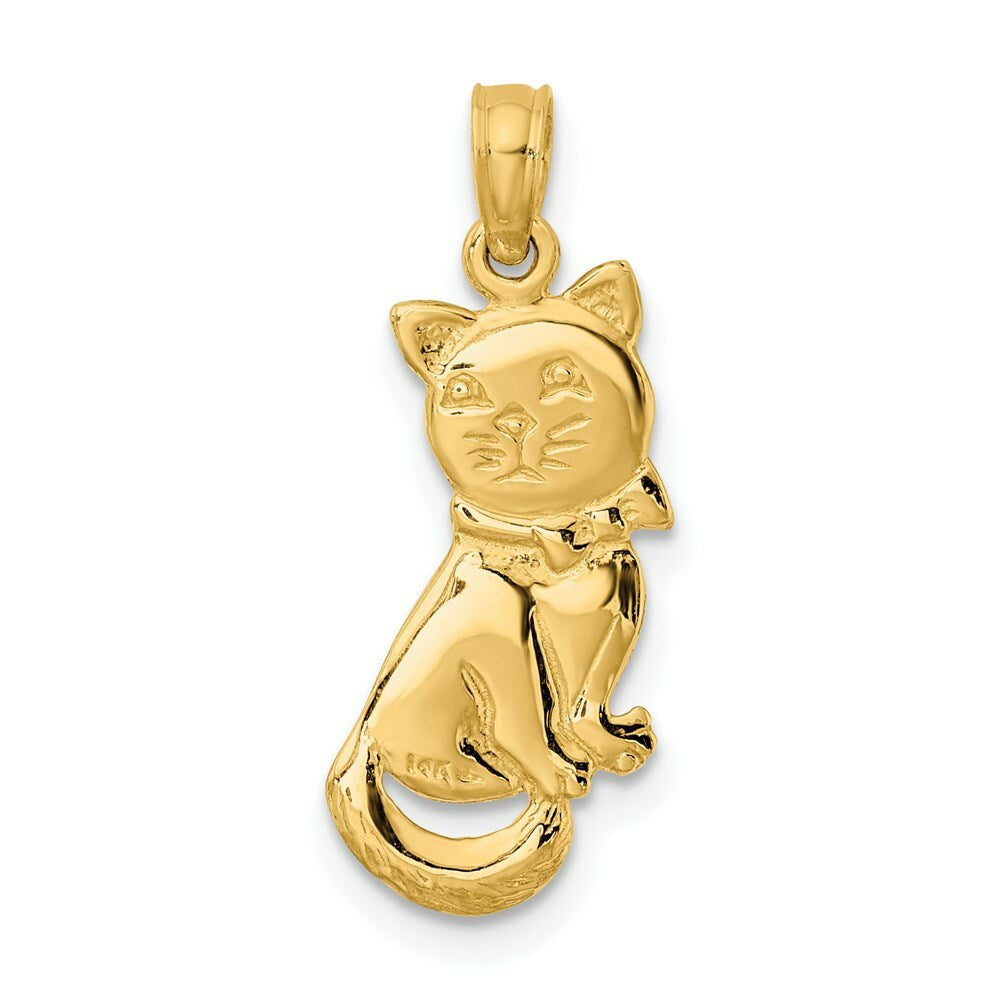 14K Yellow Gold 3-D Polished and Bow Sitting Cat Charm Pendant