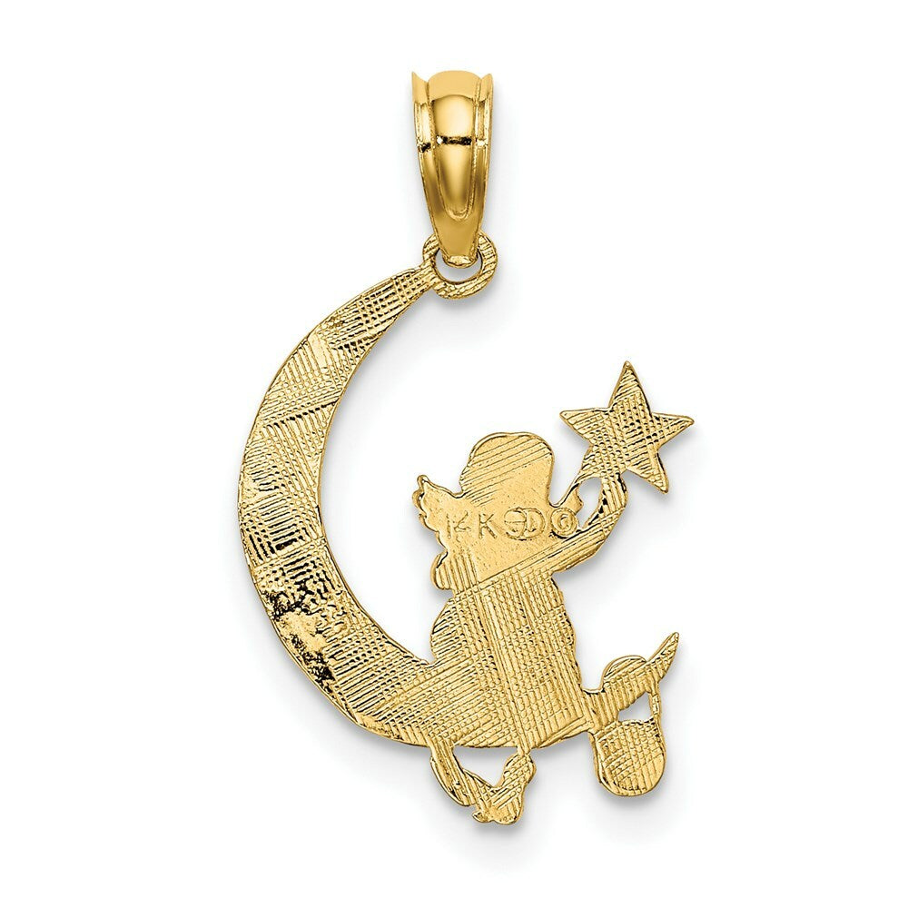 14K Yellow Gold Angel Holding a Star on a Half Moon Charm Pendant